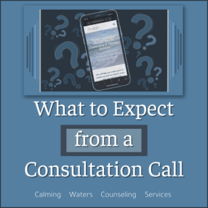 Picture of a cell phone with question marks in the background behind the phone. The title of the blog What to Expect from a Consultation Call are on the graphic.