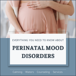 Mother in pink dress cradling pregnant belly. Name of article, everything you need to know about perinatal mood disorders.